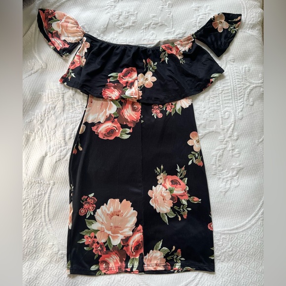 Vintage Off-the-Shoulder Sleeve Dress Black/Rose Floral Women’s Size Small - Picture 3 of 14